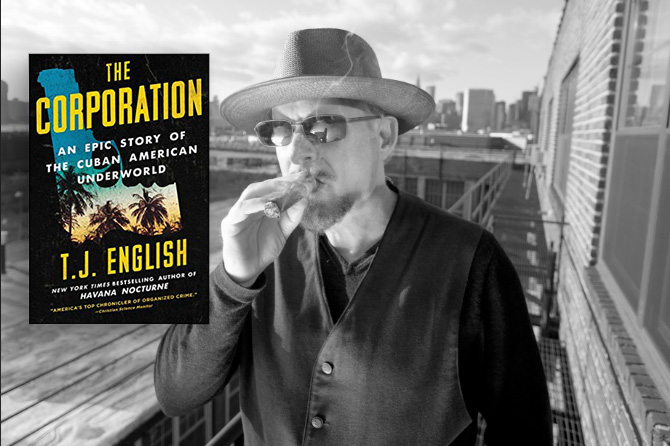 Photo of The Corporation book cover, as well as author TJ English smoking a cigar